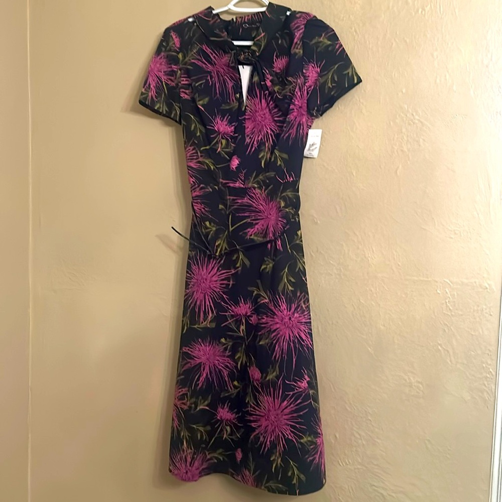 Oscar de la Renta Belted Midi Dress Chrysanthemum print Sz 8
